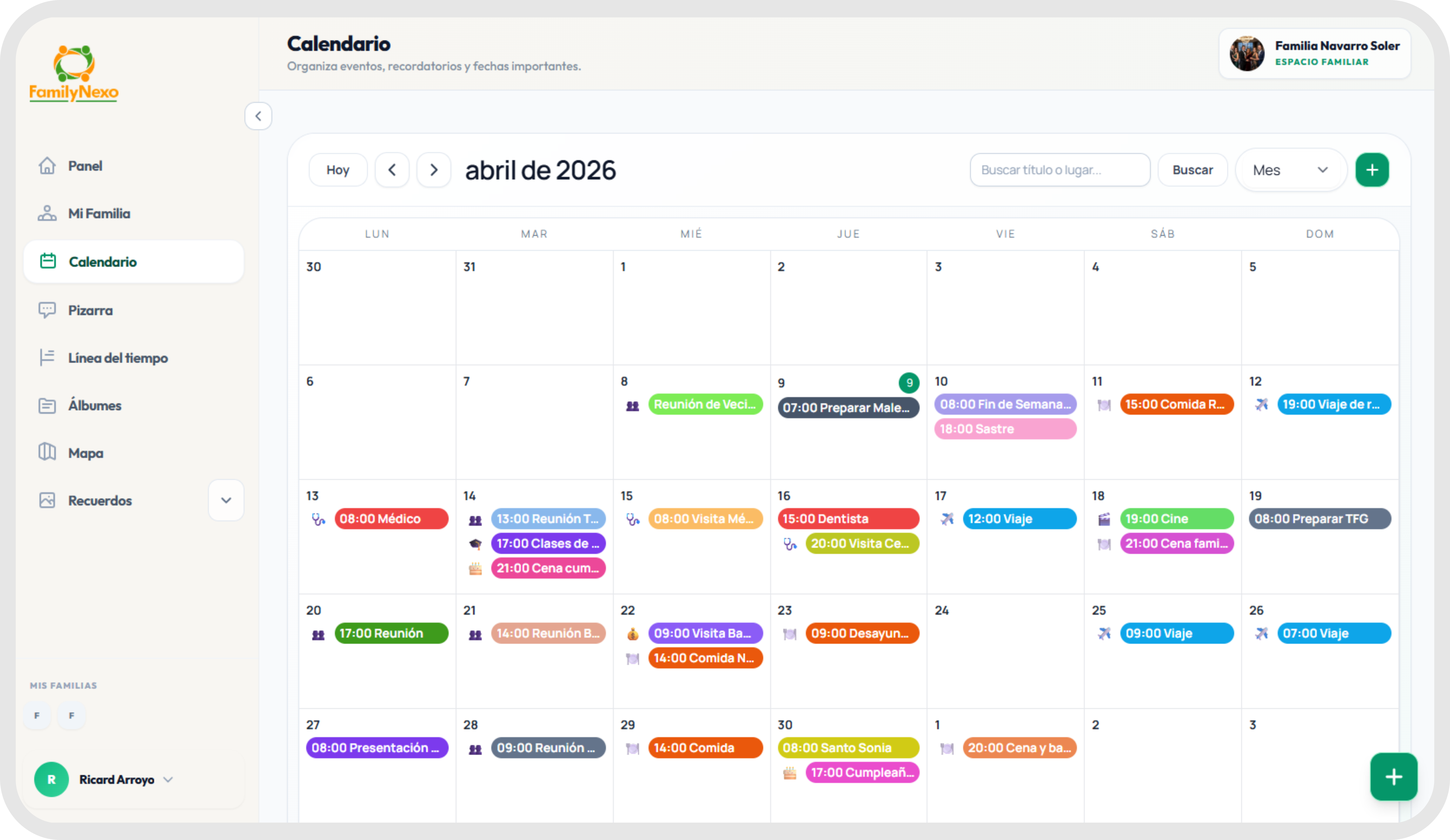 Eventos y calendario familiar en escritorio
